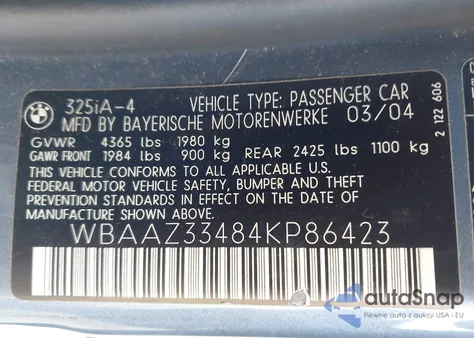 2004 BMW 325I из США, поврежденный, VIN WBAAZ33484KP86423